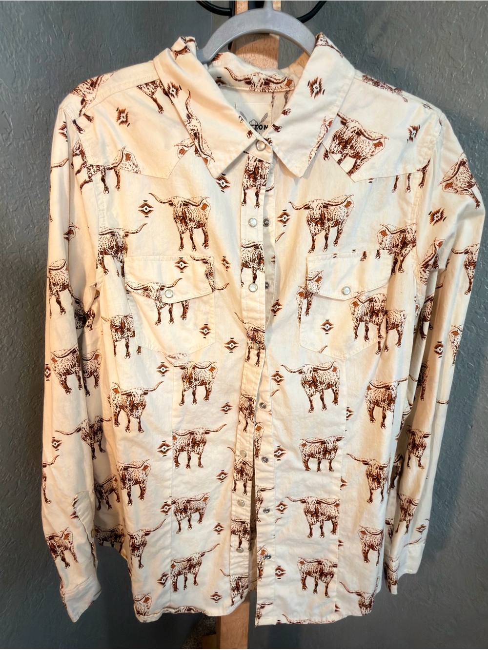 Cotton & Rye Western Longhorn Print Button-Up Shirt - Cream/Brown